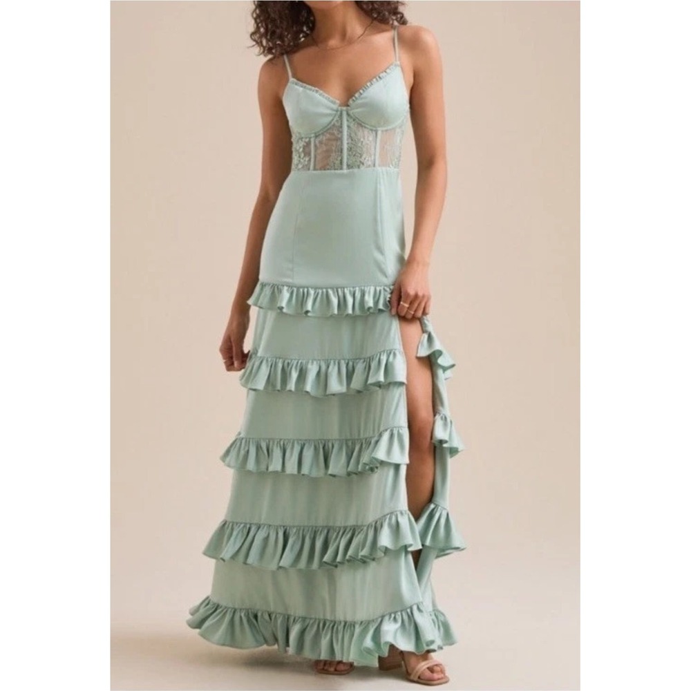 Altar'd State Green Satin Malinda Ruffle Lace Corset Maxi Dress Size XXS